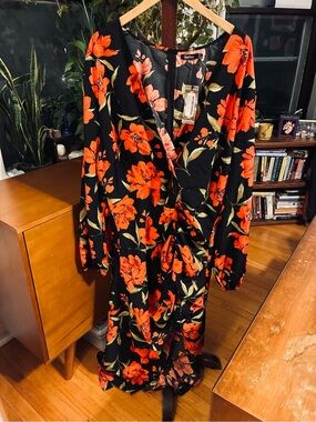 Boohoo Plus Maxi Black & Orange Floral Wrap Dress
